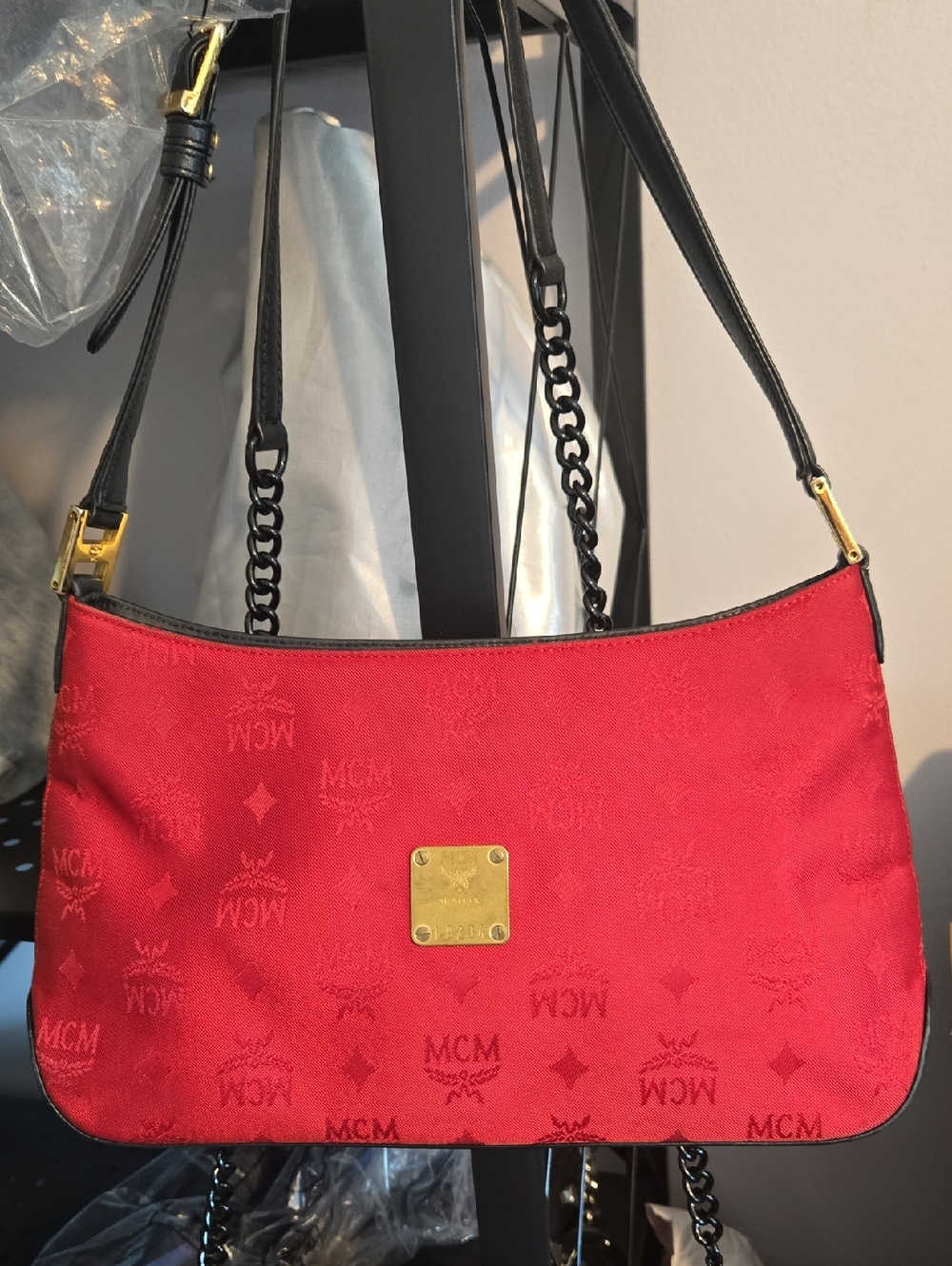 MCM Red Shoulder Bag with Black Leather Trim